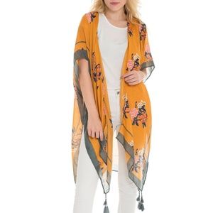 Mustard Yellow Floral Kimono with Tassels